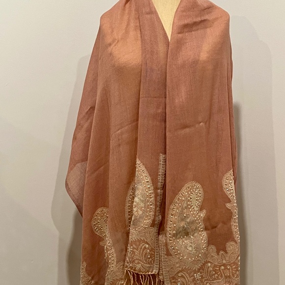 Hand Died Bead and Sequin Womens Wool Shawl Wrap by Frangi Tie Rack 76"L - Picture 3 of 7